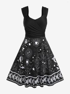 Casual jurken Rosegal plus size size sun moon star print crossover jurk vrouwen zomer vintage hoge taille een lijn flare vestidos 4xl