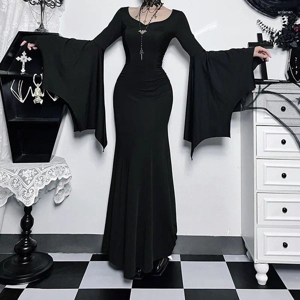 Robes décontractées Rosetic Halloween Goth Mode Femmes Robe Longue Flare Manches Col Rond Slim Pull Style Gothique Dames Noires Pour L'automne