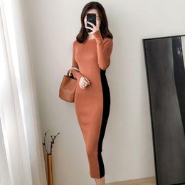 Casual Jurken Ronde Kraag Chic Mode Vrouw Jurk Effen Kleur Lange Mouw Slanke Taille Spleet Gebreide Voor Vrouwen Vestidos Mujer T04