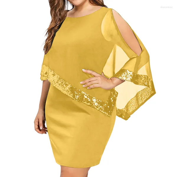 Robes décontractées col rond grande taille épaule froide superposition asymétrique en mousseline de soie paillettes Robe de soirée surdimensionné Patchwork au-dessus du genou Femme Robe