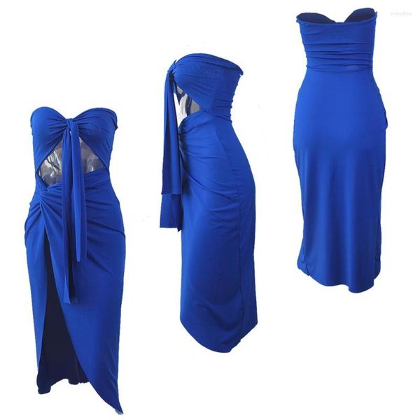 Robes décontractées bleu Royal sans manches sans bretelles femmes élégante fente longue robe confortable Mujer couture été fronde cou plage de soleil