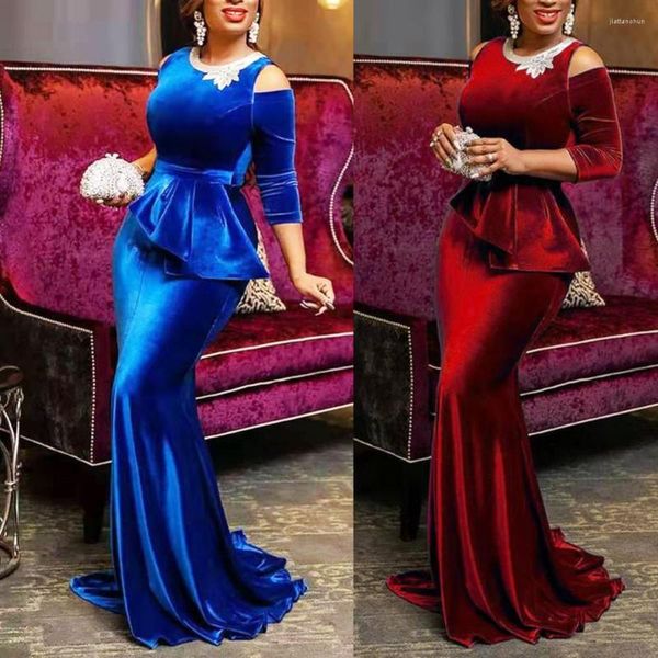 Vestidos informales Royal Blue Stretch Velvet Longitud de la noche del piso Noche de la noche