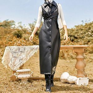 Casual jurken Royal Sister Style lederen rok Chic High Taille Long Slim Waastcoat Jurk 2022 Early Autumn EM EM