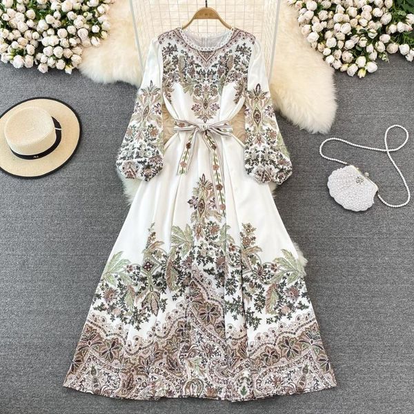 Vestidos casuales Estilo real Estampado vintage Manga larga Mujeres 2023 Verano Otoño A-line Big Swing Vestidos de fiesta elegantes