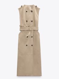 Robes décontractées RR2453 Trench Coat Gabardine Womens O Nou Sans manchés Robe midi femelle Femelle Butte Fonnissage Long 230413