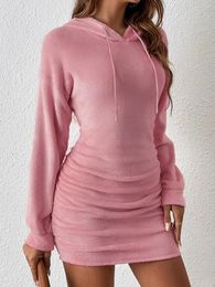 Casual Jurken Ruches Trekkoord Flanel Drop Schouder Hoodie Jurk Mini Party Club Elegante Rug Lange Sexy Band Puur Voor Vrouwen