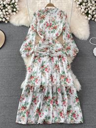 Casual jurken gegolfd chiffon lange jurk vrouwen zomer 2023 catwalk modellen staan ​​kraag mouw geplooide slank fit vintage yq112