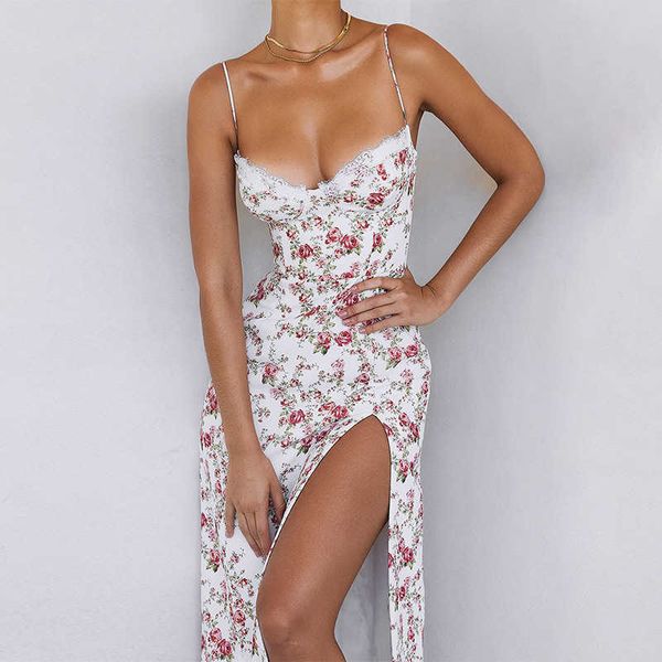 Vestidos casuales Volantes Estampado floral Slip Sin mangas Sin espalda Sexy Bodycon Slit Midi Vestido Verano Ropa elegante Fiesta Y2K Venta al por mayor Z0612