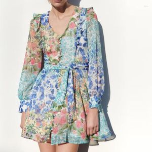 Casual jurken ruches korte jurk vrouwen bloemenprint elegant voor 2024 zomer lange mouw mini