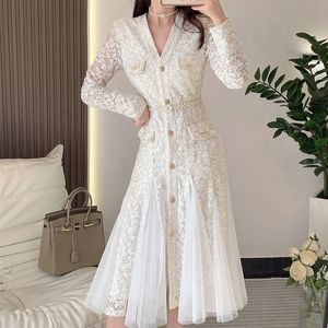 Robes décontractées piste automne dentelle Patch maille sirène robe élégante femmes col en V perlé fleur broderie ultra-mince fête débardeur perle ruban 230330