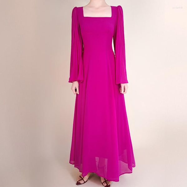 Robes décontractées Runway Designer Violet Mousseline Maxi Femmes Robe 2023 Printemps Eté Vintage Manches Longues Vacances Élégant Plissé