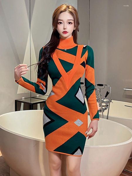 Robes décontractées piste automne bloque de couleur française Stripe Imprimée pull en tricot tricot à fond serré luxe élégant femme chic vestide