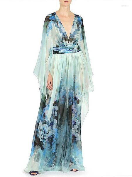 Vestidos casuales Moda de pasarela Vestido de gasa con estampado floral Vestido largo Maxi Mujer 2023 Vestidos de vacaciones de otoño Elegante manga larga Boho Beach Robe