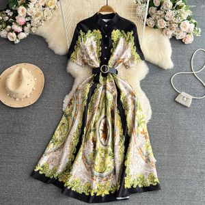 Casual jurken runway mode vintage print shirt jurk dameskraag kraag korte mouw met één borsten Midi Vestidos met pu riem 2024