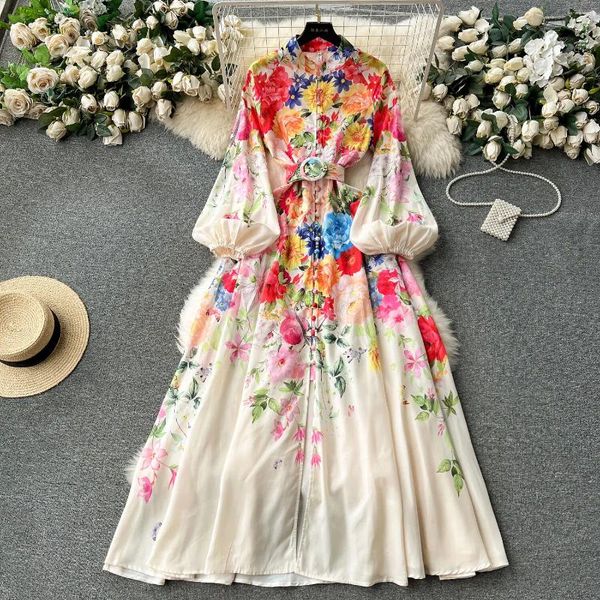 Vestidos casuales Runway Floral Impresión Camisa Vestido Mujeres Single Breasted Linterna Manga larga Maxi Vestidos de fiesta Vacaciones Vacaciones Robe