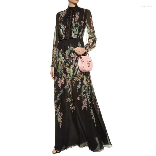 Vestidos casuales de pasarela de alta calidad para mujer 2023 primavera Vintage cuello redondo manga larga negro estampado Floral Maxi Vestido de gasa Vestido femenino