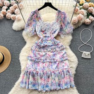 Vestidos casuais runway feriado verão malha bolo vestido feminino puff manga gola quadrada bordado miçangas rendas guarnições mini ves260f