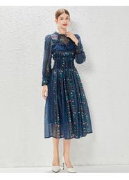 Casual jurken runway lente mesh patchwork chiffon geplooide jurk voor feestvrouw luxe 2023 ontwerper lange mouw hoge taille midi vestidos