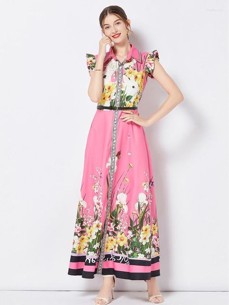 Vestidos casuales Runway Summer Bohemian Maxi Dress Ropa de mujer Manga de mariposa de un solo pecho Estampado floral Cinturón Vestido largo Vestidos N5077