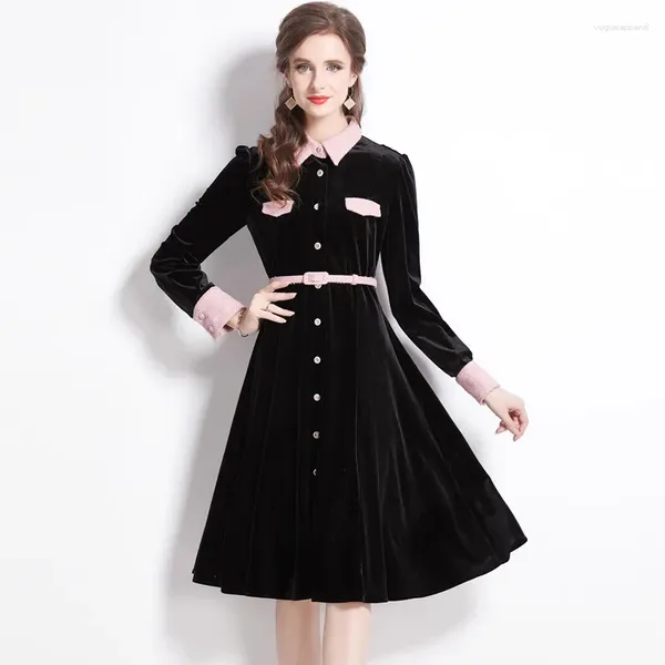 Vestidos casuales Runway Vintage Vestido de terciopelo negro para mujeres Otoño Invierno Solapa Patchwork Fajas de un solo pecho Grueso Cálido Midi Vestidos