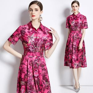 Casual jurken runway vintage print midi jurk dames down nek korte mouw high street slank casual feest a-line shirt jurk 2024