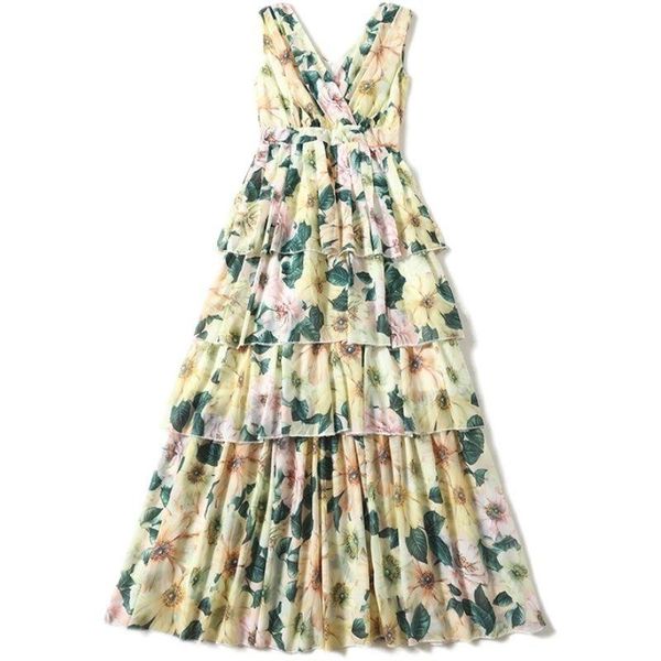 Vestidos casuales Vestido de mujer de pasarela Floral estampado siciliano verano 2023 hasta el suelo pastel capa volantes plisado Maxi chifón informal