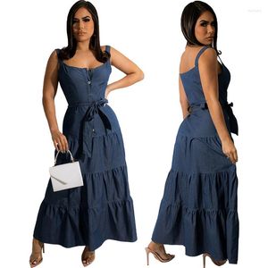 Vestidos casuales S-2XL Verano Mujer Denim Suspender Azul Backless Patchwork Plisado Elegante Vestido largo Wolesale Drop