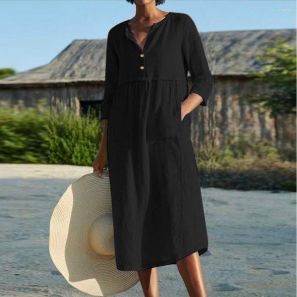 Robes décontractées S-3XL surdimensionné coton lin longue Robe pour les femmes 2023 été à manches courtes Blouse jupe plage femme vêtements Vestid Robe