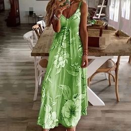 Casual jurken S-5XL 7Colors Floral Printing V-Neck Strap Long Boheemse mouwloze vrouwen Summer Beach Travel Party Wear 230412