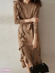 Casual jurken S Winterveer Basis Wear Women Fasion Furn Style Design Bow Tie Lace-Up Een lijn Ruches gebreide trui jurk