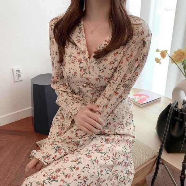 Robes décontractées S XL Robe de printemps filles Boho en mousseline de soie femme Vintage imprimé à carreaux à manches longues femmes Robe Vestido