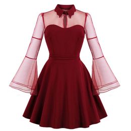 Casual jurken Sagace vrouwen lange mouw stevige kleur punk vintage feest gothic rockabilly swing kanten transparante schouder reversjurk