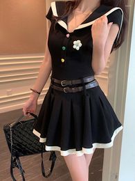Vestidos casuales Sailor Collar Vintage Sweet Dress Mujeres Flower Patchwork Moda coreana Mini Mujer Tejer 2023