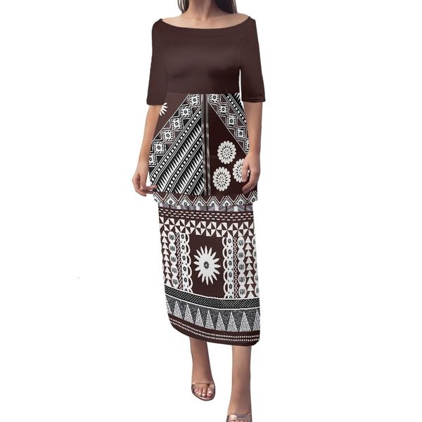 Robes Décontractées Samoan Puletasi Vêtements Tribaux Polynésiens Marron Blanc Fijian Tongan Fleur Imprimer Robe Personnalisée Ensembles Femmes Deux Pièces Hors Épaule 230309