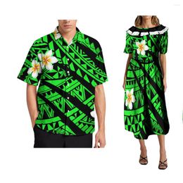 Vestidos casuales Traje de pareja étnica tribal samoana Hawaii Mujeres Vestido de volantes juguetón Hombres Polinesio Flip Tie Shirt Bienvenido Personalización