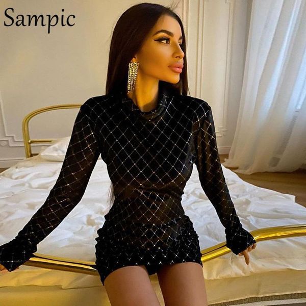 Vestidos casuales Sampic 2021 Fiesta Navidad Invierno Terciopelo Wrap Vestido corto Night Club Black Diamond Lentejuelas Cuello alto Mini Bodycon