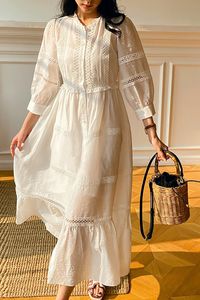 Casual jurken Sandro Franse stijl jurk kant uitgehold uit puff mouwen witte jurk voor vrouwen
