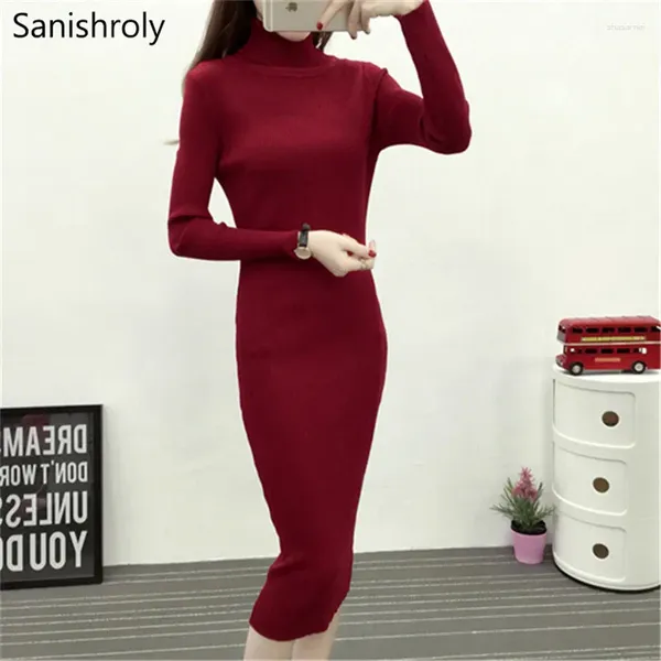 Vestidos informales Sanishroly 2024 Outumn Winter Women Turtleneck Sweater Vestido Damas de manga larga Vestidos SE214