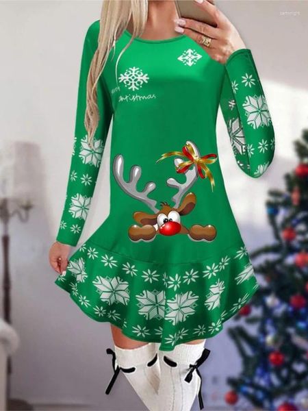 Robes décontractées Santa Imprimer Fête de Noël pour les femmes 2023 Hiver Manches longues O Cou T-shirt Robe Robes de vacances