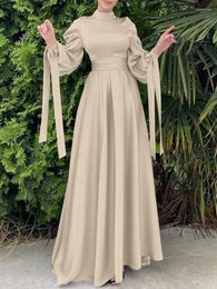 Casual Jurken Satijn Abaya Jurk Moslim Vrouwen Effen Kleur Wrap Front Lange Mouw Met Riem Maxi Zomer Dubai Turk Modest Wear