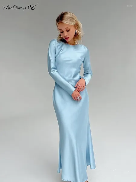 Robes décontractées Satin élégant fluide robe trapèze bleu soyeux col rond intérieur long bureau dames manches fines chic