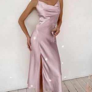 Casual jurken satijn sexy midi lengte party club jurk sling hoge split low snit een lijn vrouwelijke elegante vestidos 2021