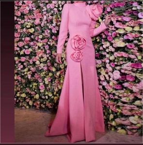 Vestidos informales Arabia Saudita Rosa Elegante Flores de noche Mangas largas Vestido de fiesta Sirena Satén Formal Longitud del piso Mujeres Vestidos de fiesta