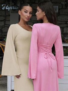 Robes décontractées Scoop cou à lacets côtelé Maxi robe femme à manches longues mode mince lâche bandage automne 2024 solide femmes robes