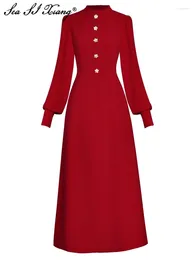 Robes décontractées Seasixiang Fashion Designer Automne Robe rouge Femmes Stand Collier Lanterne Manches Bouton Cristal Élégant Parti Midi