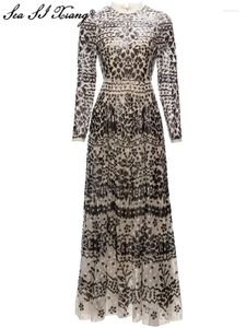Casual jurken Seasixiang modeontwerper herfst mesh lange jurk O-hals mouw prachtige pailletten borduurwerk vintage feest maxi
