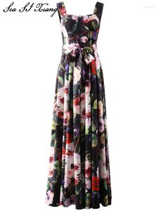 Vestidos casuales Seasixiang Fashion Designer Spring Maxi Dress Women Spaghetti Strap Lace-Up Floral Print Bohemio Backless Long