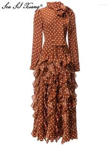 Robes décontractées Seasixiang Fashion Designer Spring Long Robe Femme Femme à lacets Colliers Collier Dot Imprimé Ruffles Vintage