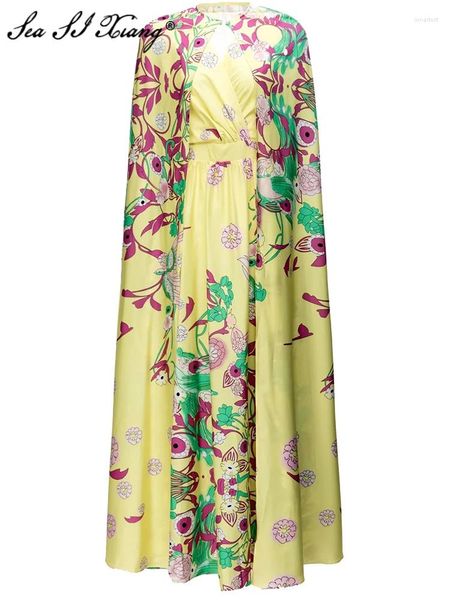 Vestidos casuales Diseñadores de moda de Seasixiang Temprano Autumn Maxi Vestido Mujeres V-Neck Manecels Long Cloak Vintage Floral Print 2 Pieces Set