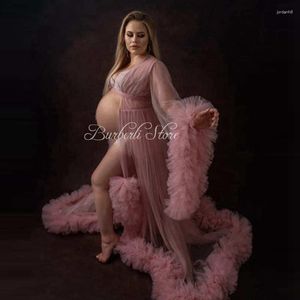 Vestidos casuales See Thru Blush Pink Tulle Maternity Women Ling Robe Pretty Flare Sleeves Tiered Rulles Embarazo Vestidos To Po Shoot